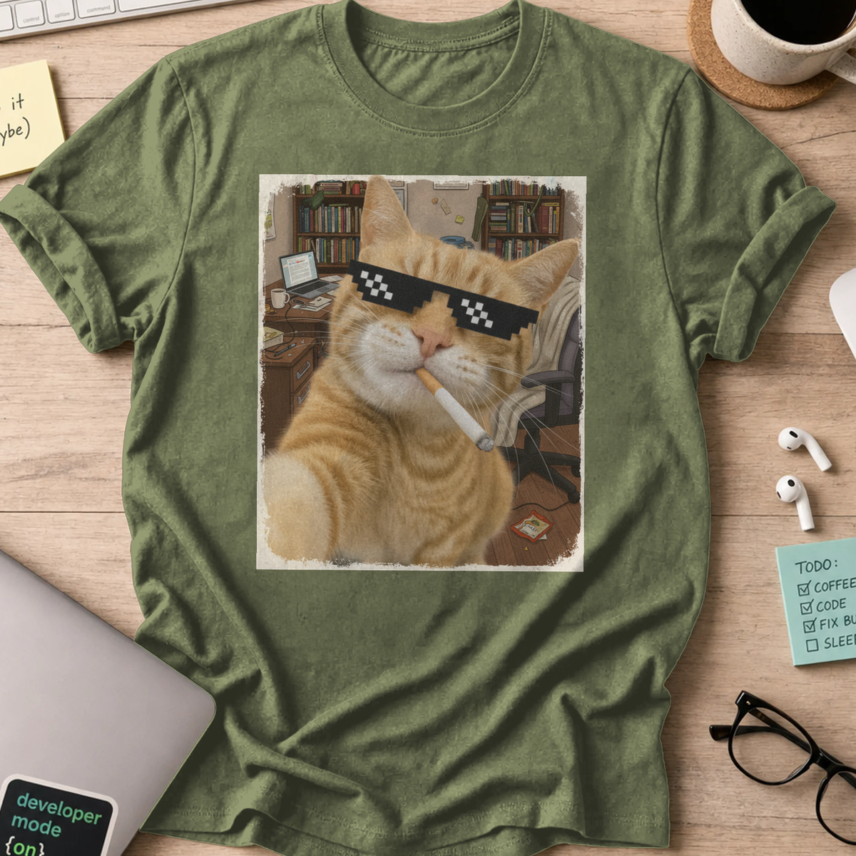 cat smoking with a shades shirt - Military Green