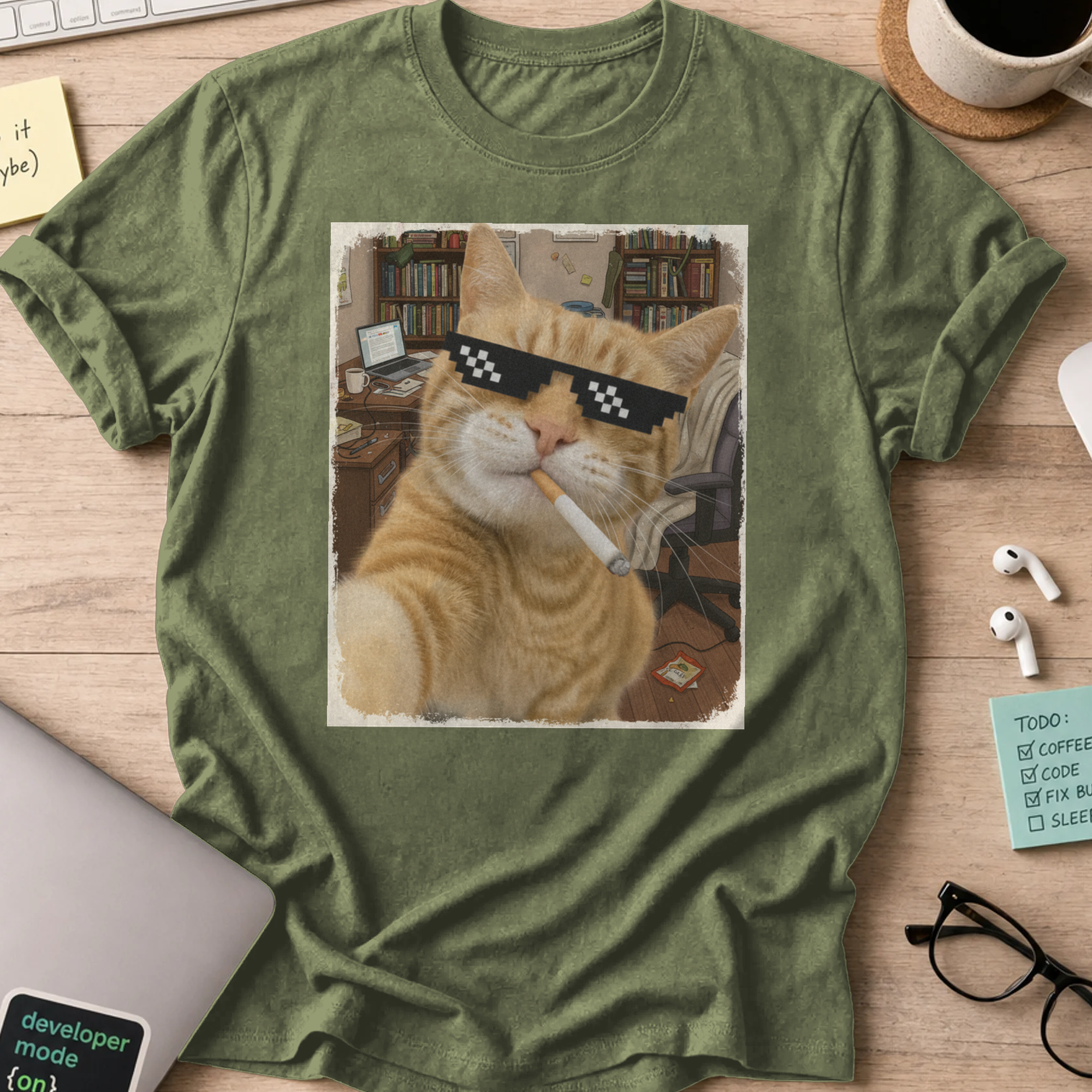 cat smoking with a shades shirt - Military Green