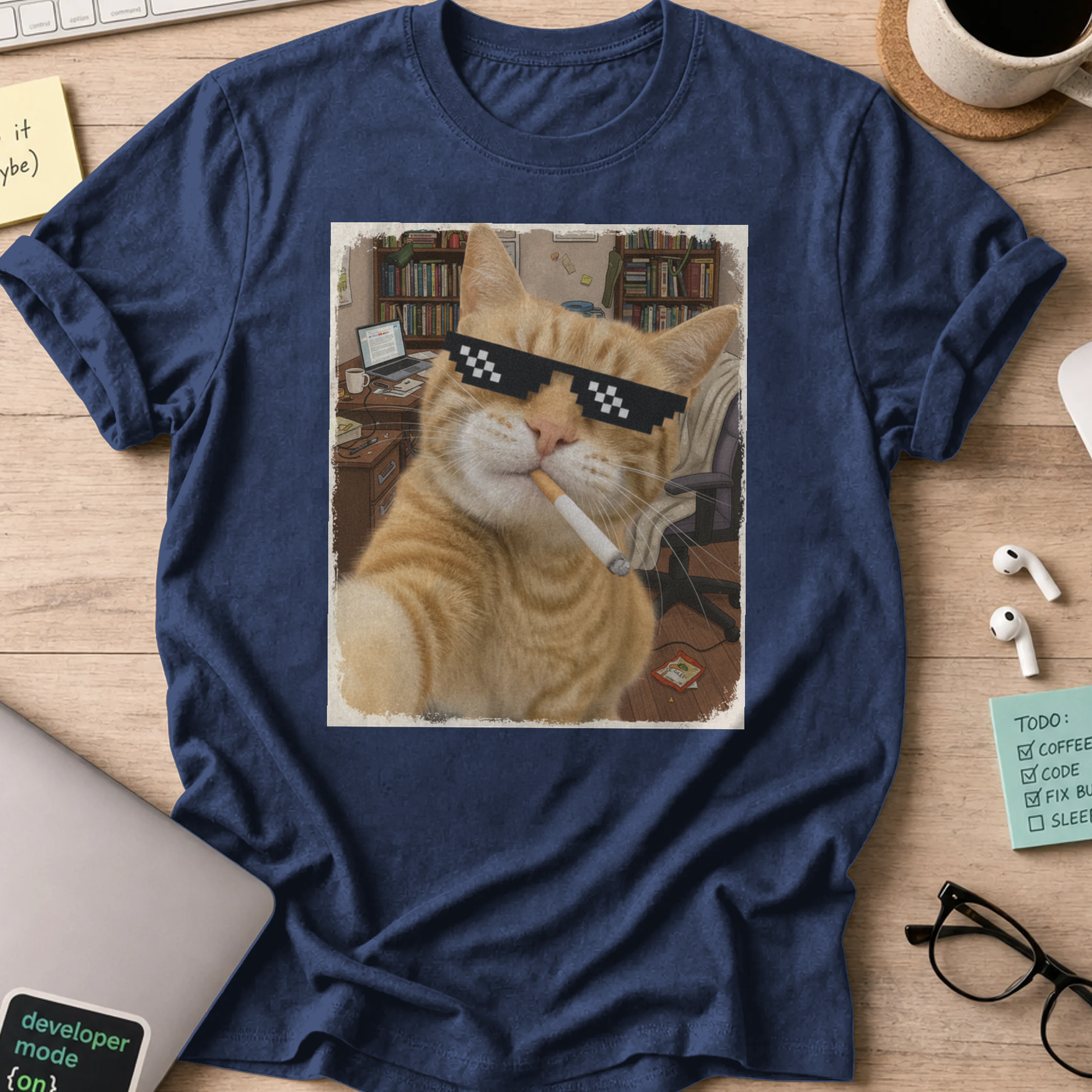 cat smoking with a shades shirt - Navy