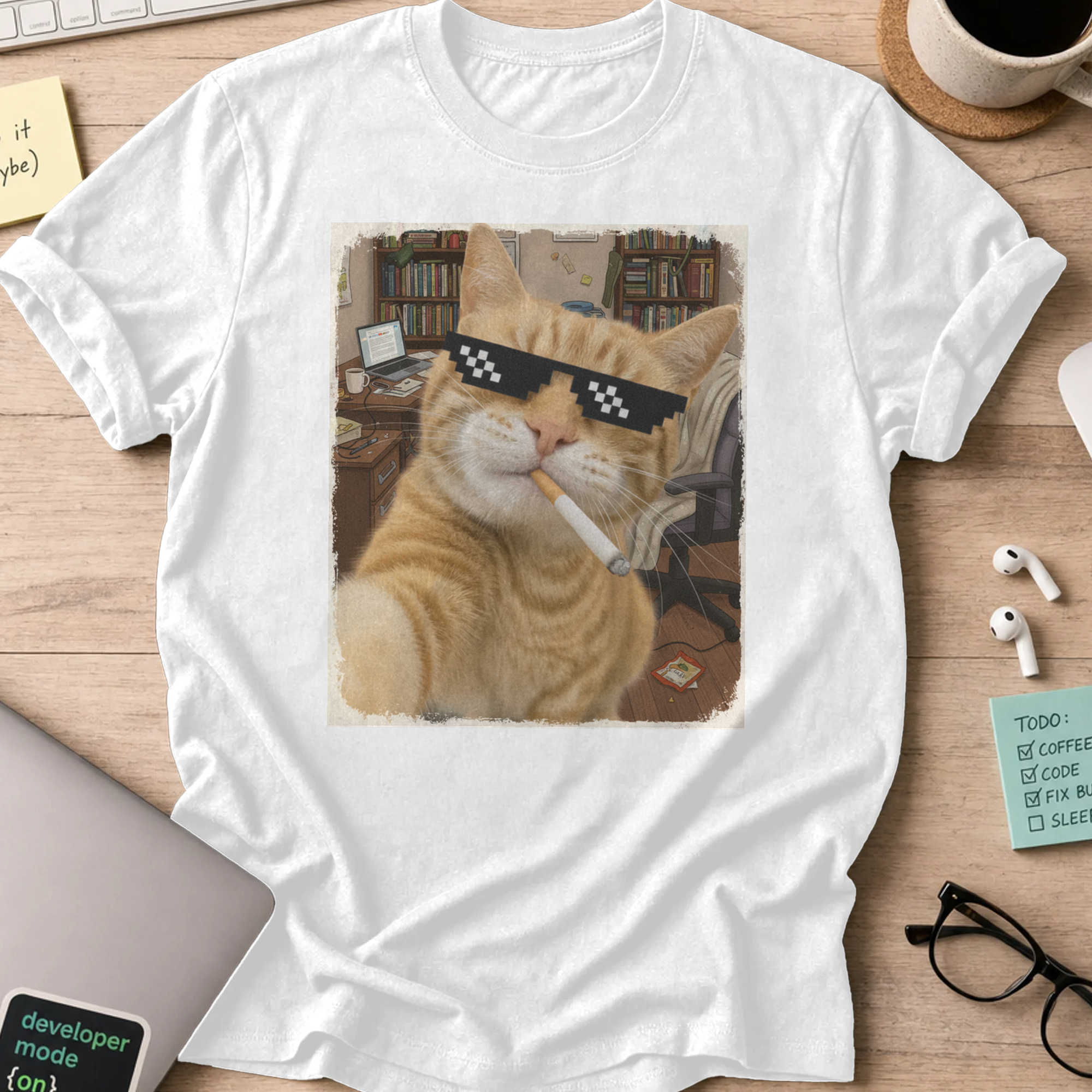 cat smoking with a shades shirt - White