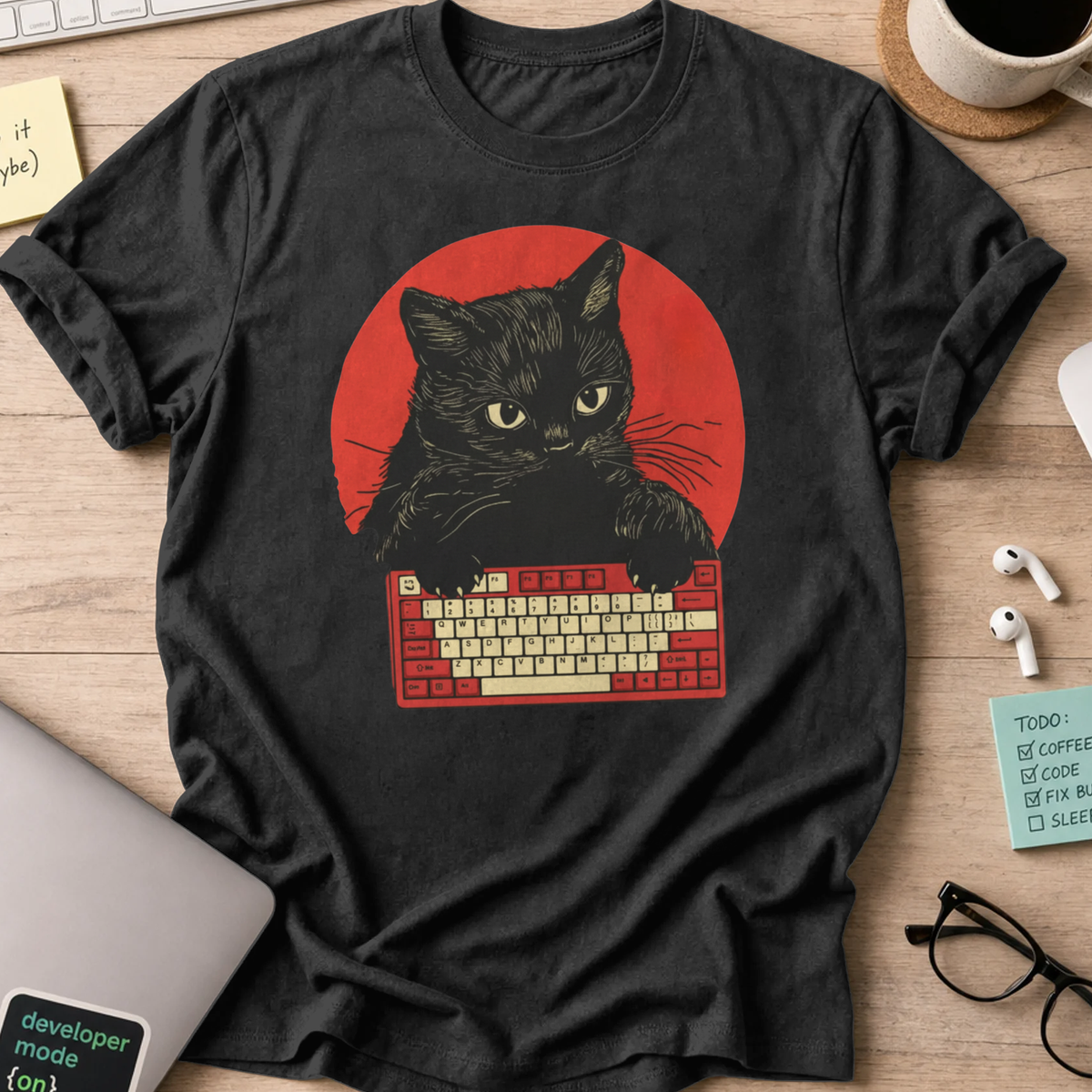 cat typing developer shirt - Black