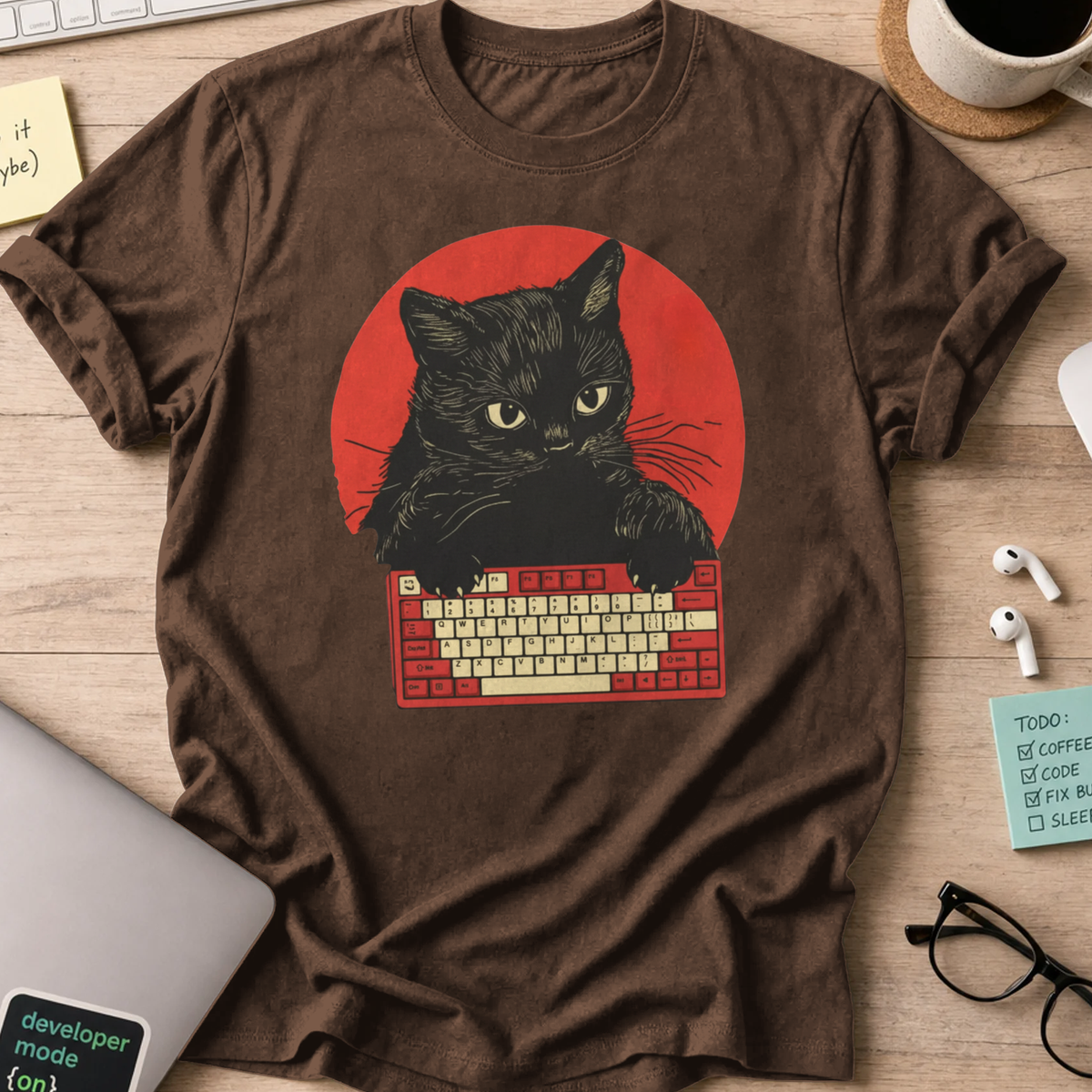 cat typing developer shirt - Dark Chocolate