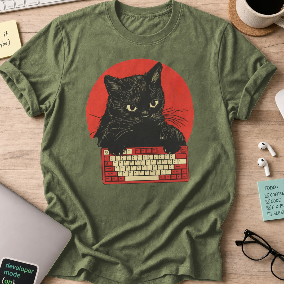 cat typing developer shirt - Military Green