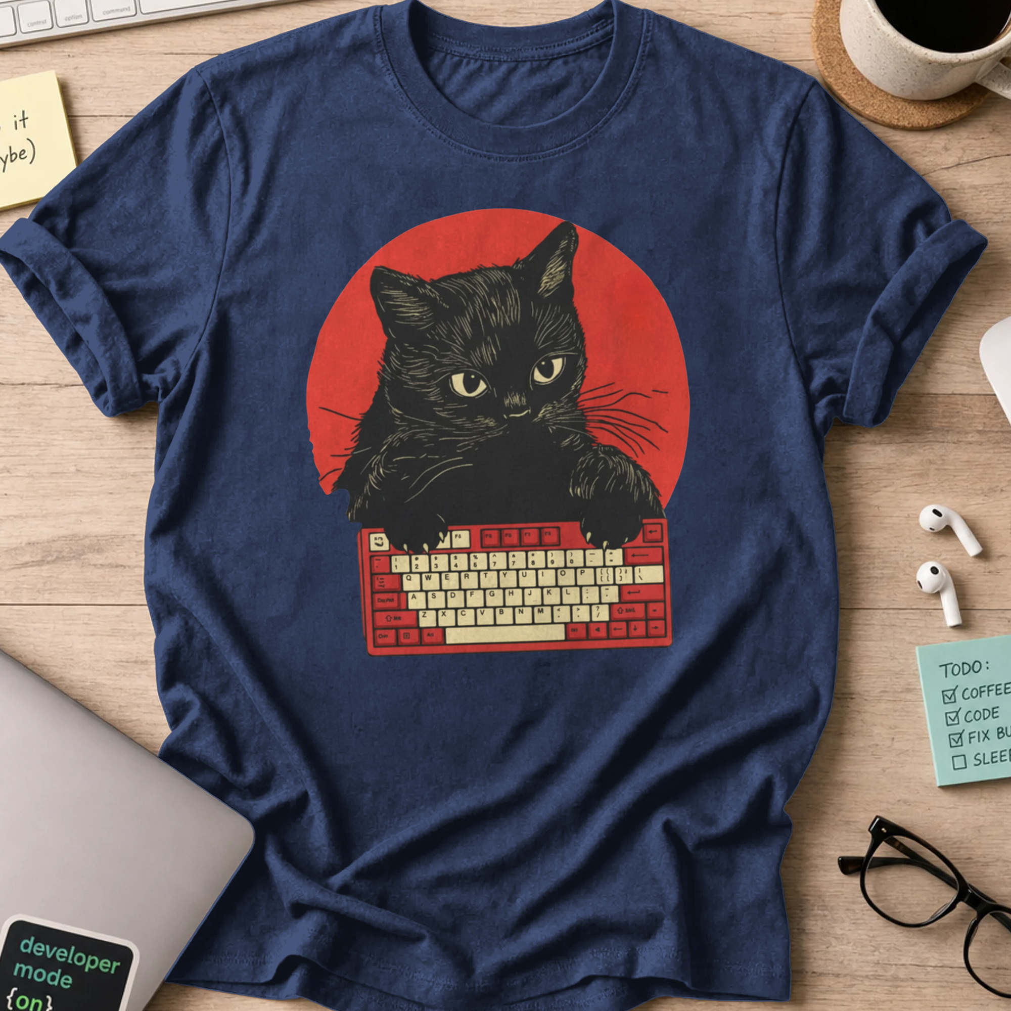 cat typing developer shirt - Navy