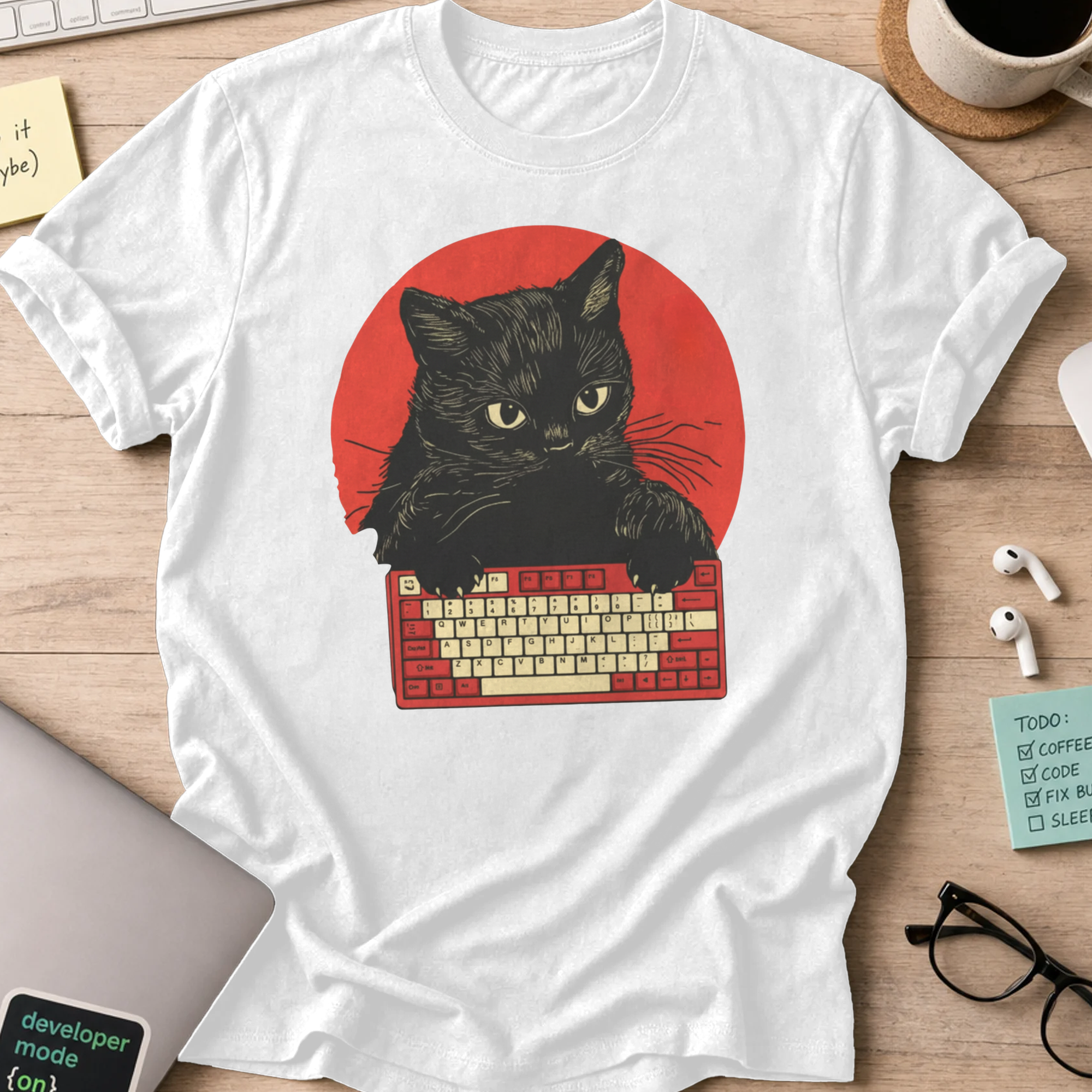 cat typing developer shirt - White