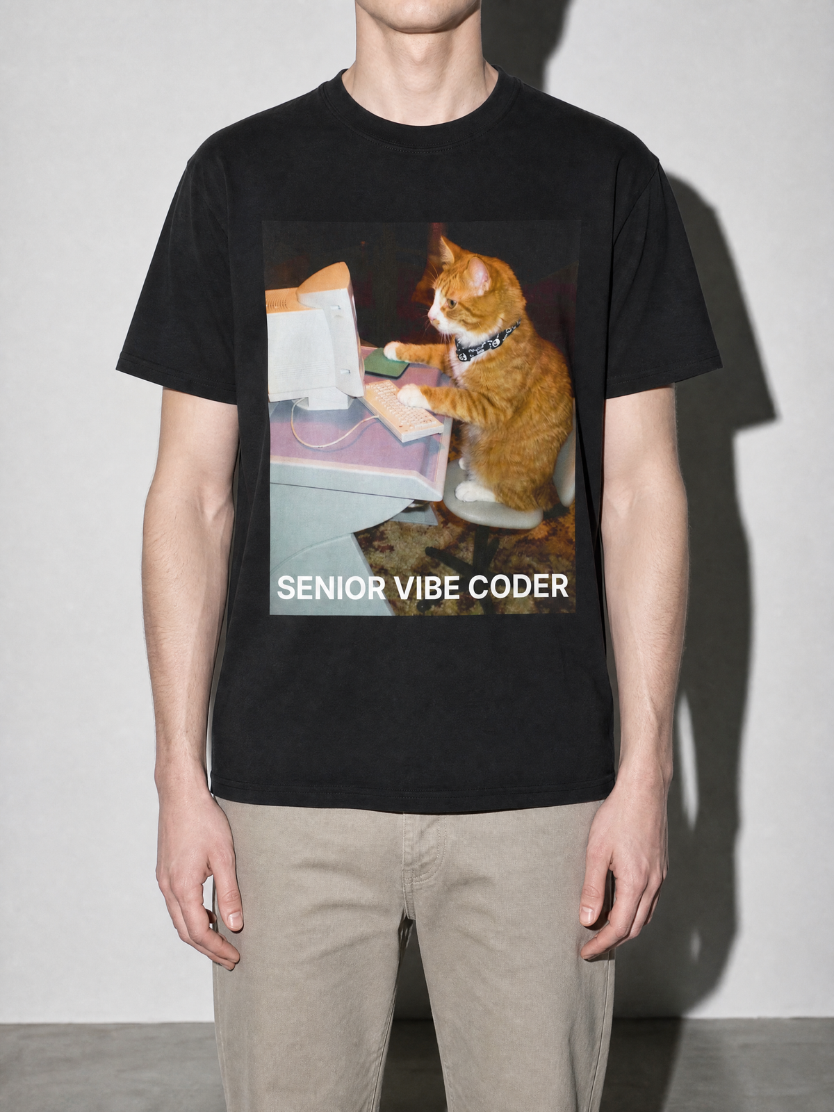 Senior Vibe Coder Cat Graphic IT Nerd T-Shirt — black bust to thigh