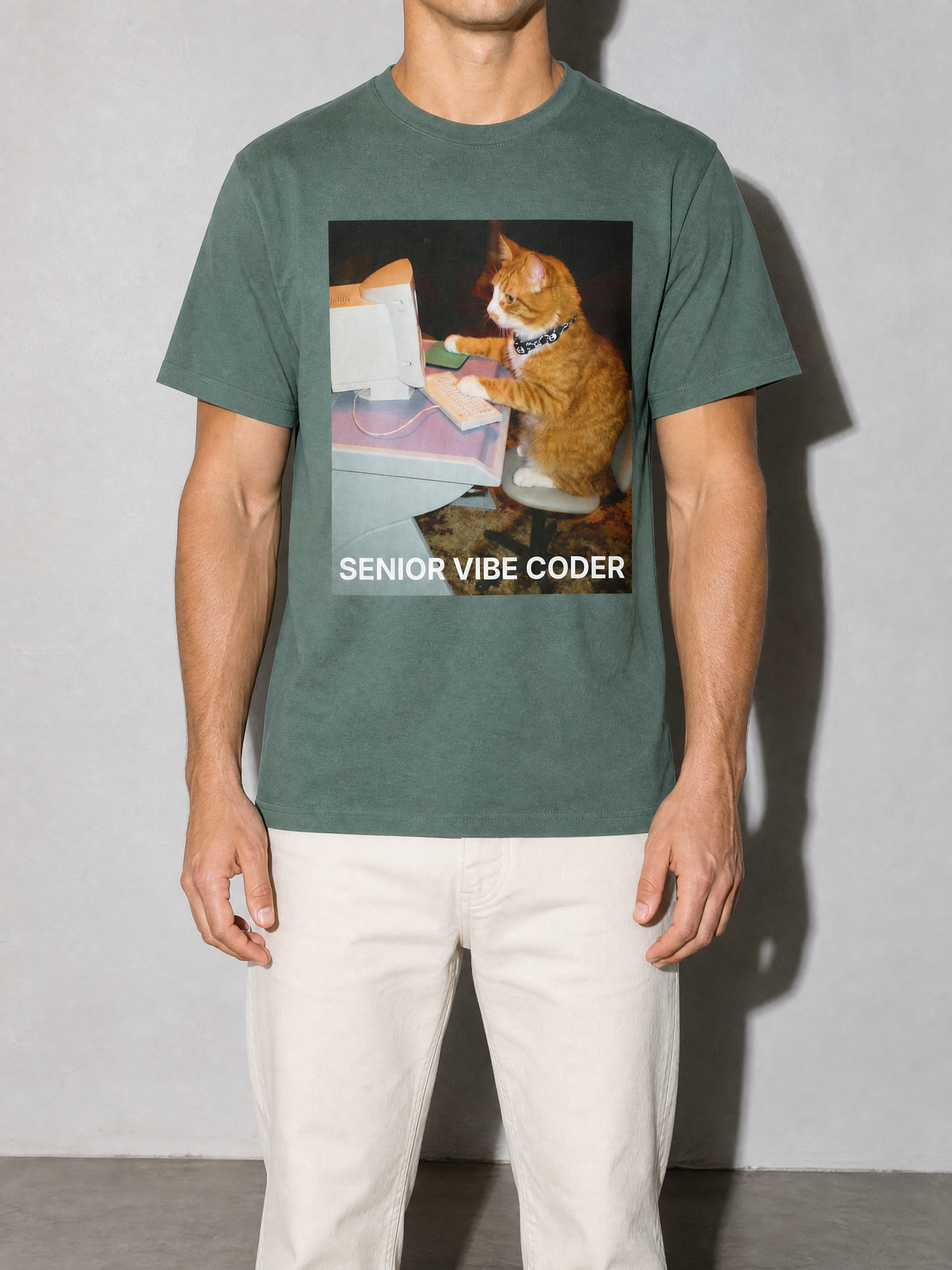 Senior Vibe Coder Cat Graphic IT Nerd T-Shirt — blue-spruce bust to thigh