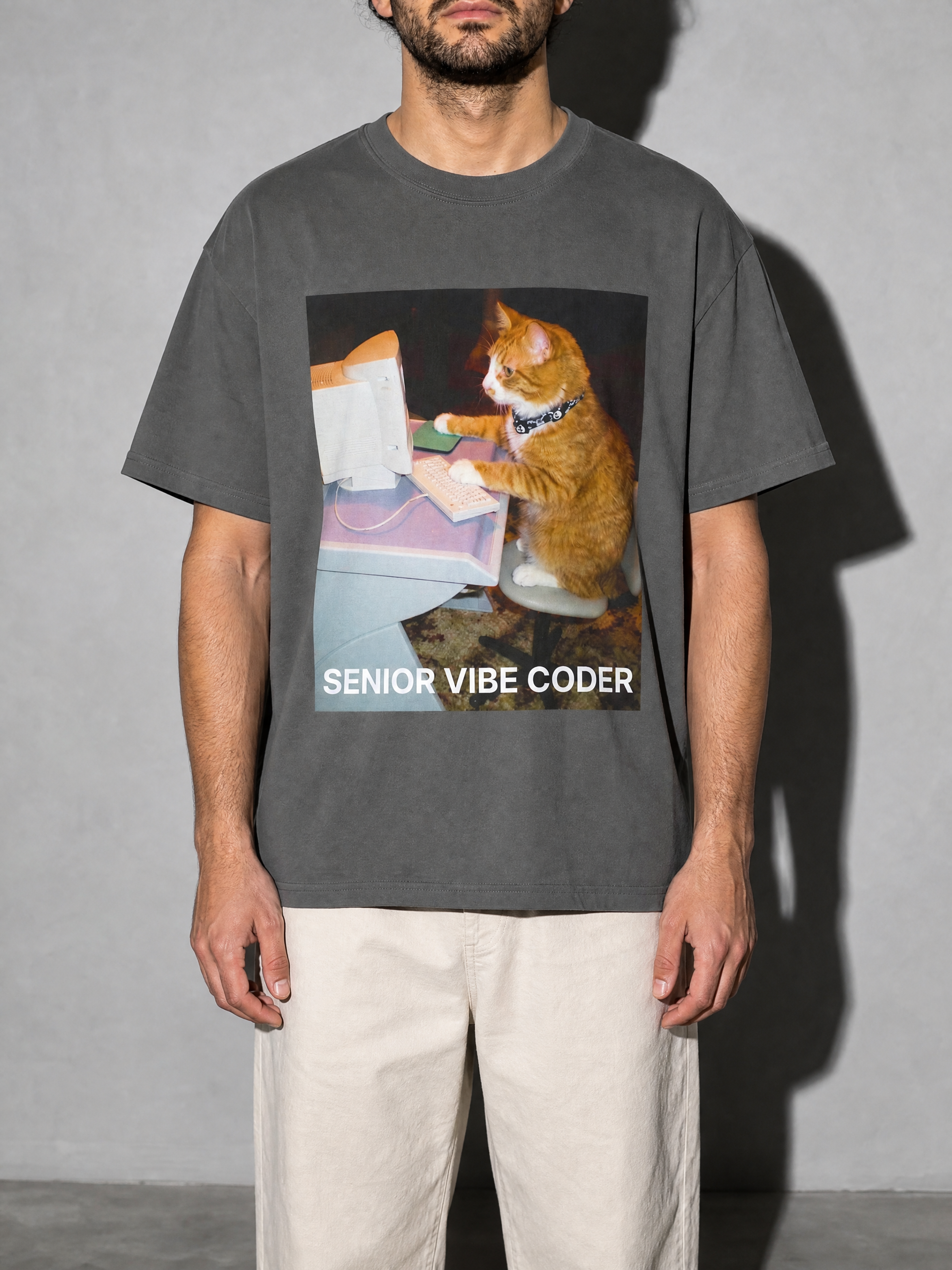 Senior Vibe Coder Cat Graphic IT Nerd T-Shirt — pepper bust to thigh