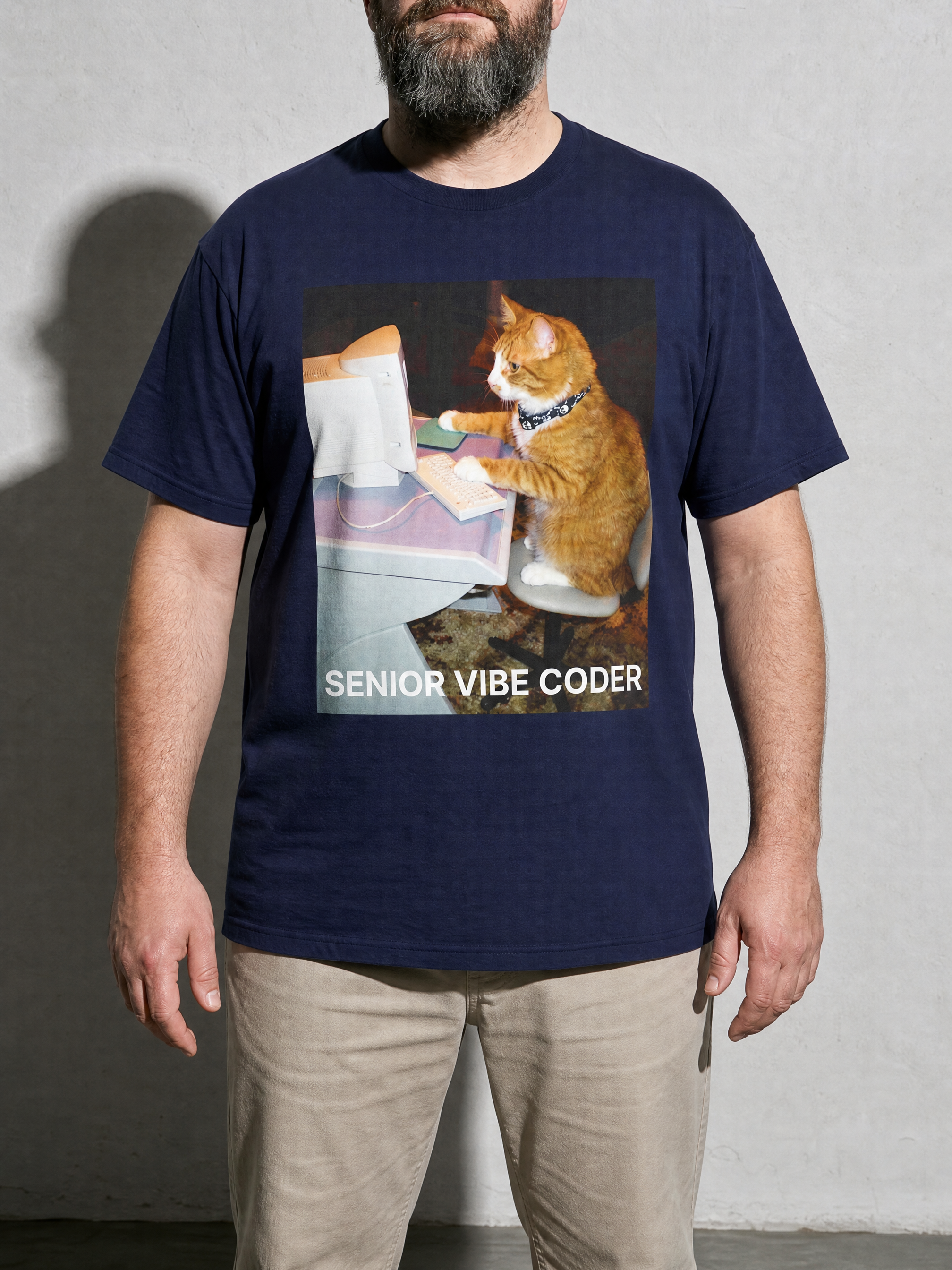 Senior Vibe Coder Cat Graphic IT Nerd T-Shirt — true-navy bust to thigh