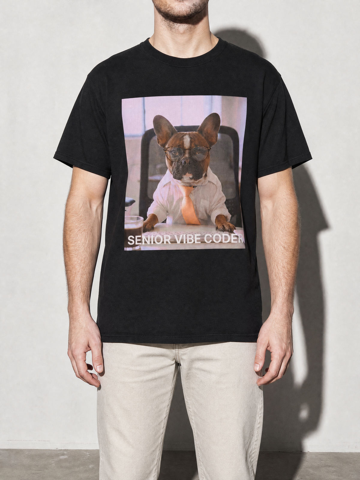 Senior Vibe Coder Graphic IT Nerd T-Shirt — black bust to thigh