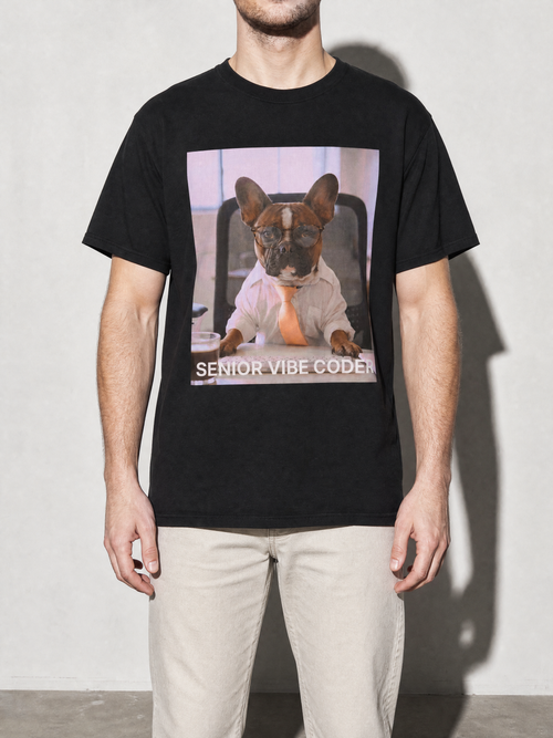 Senior Vibe Coder Graphic IT Nerd T-Shirt — black bust to thigh