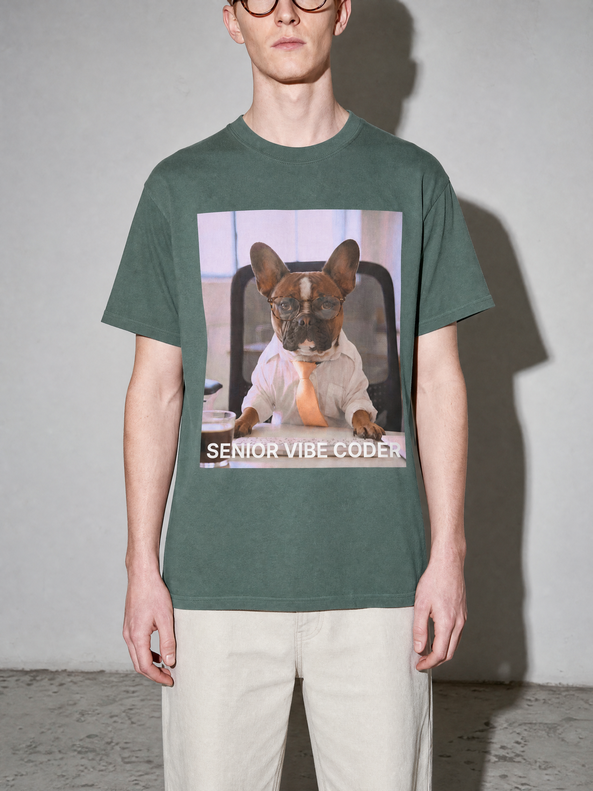 Senior Vibe Coder Graphic IT Nerd T-Shirt — blue-spruce bust to thigh
