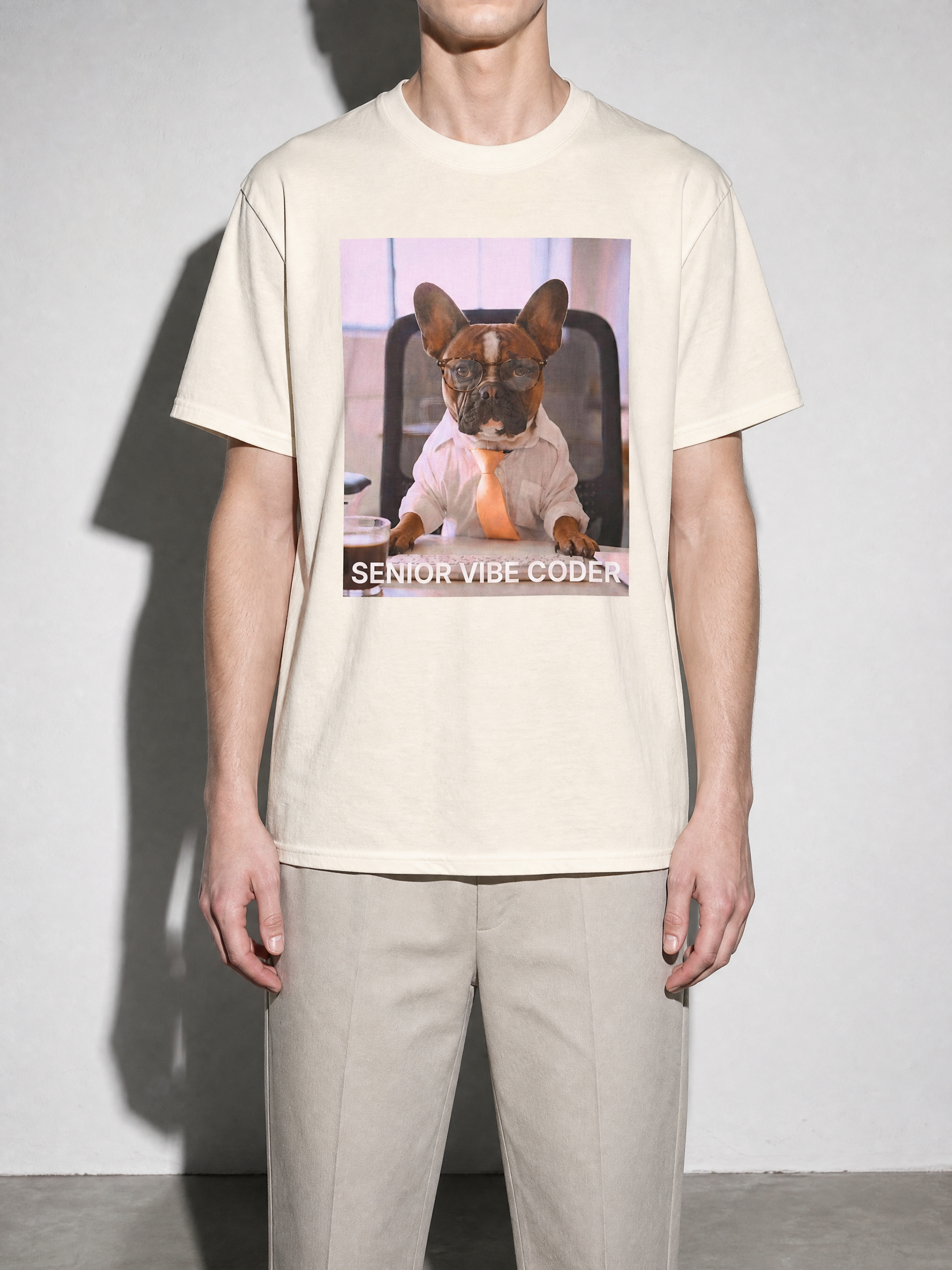 Senior Vibe Coder Graphic IT Nerd T-Shirt — ivory bust to thigh