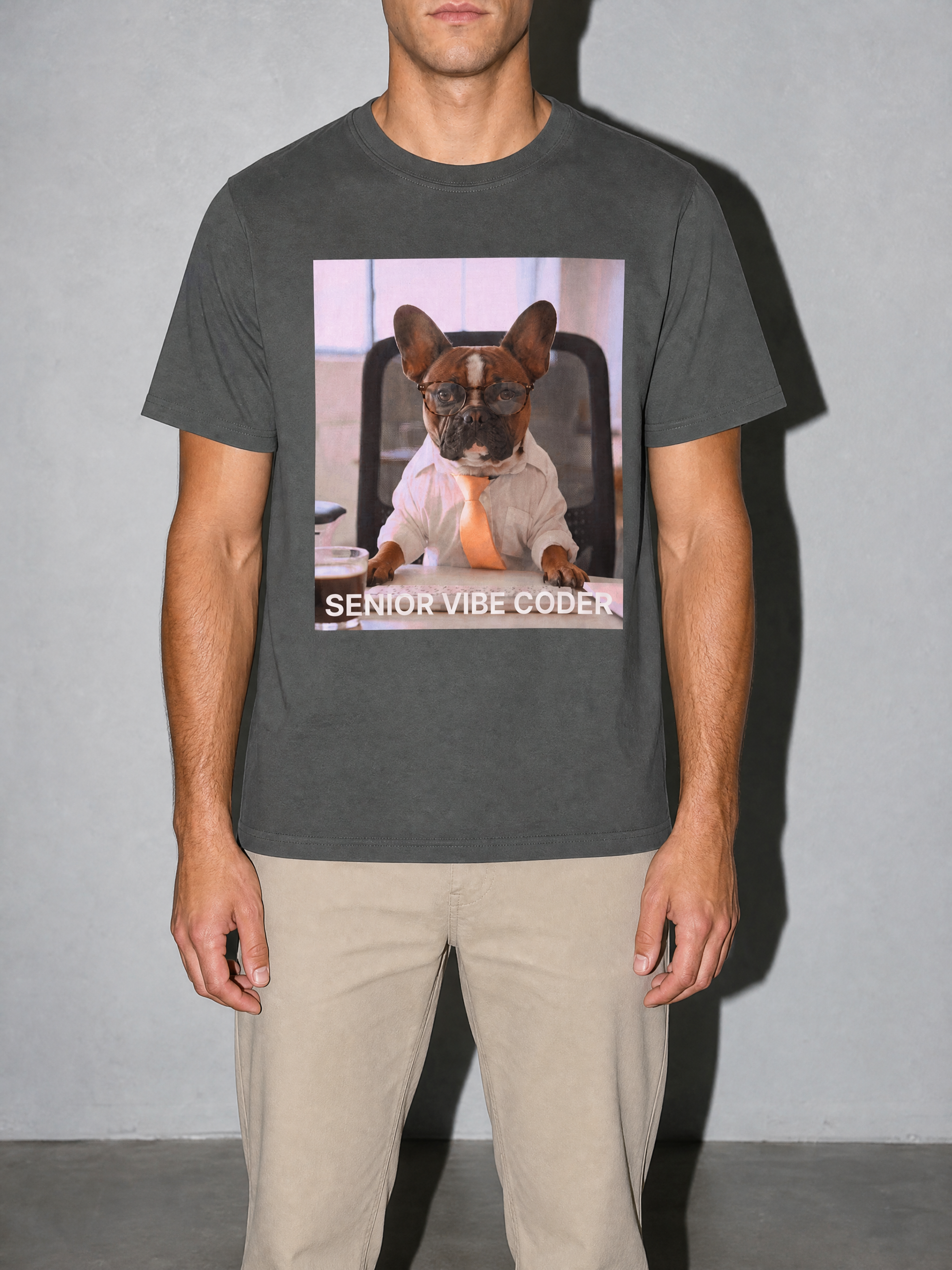 Senior Vibe Coder Graphic IT Nerd T-Shirt — pepper bust to thigh