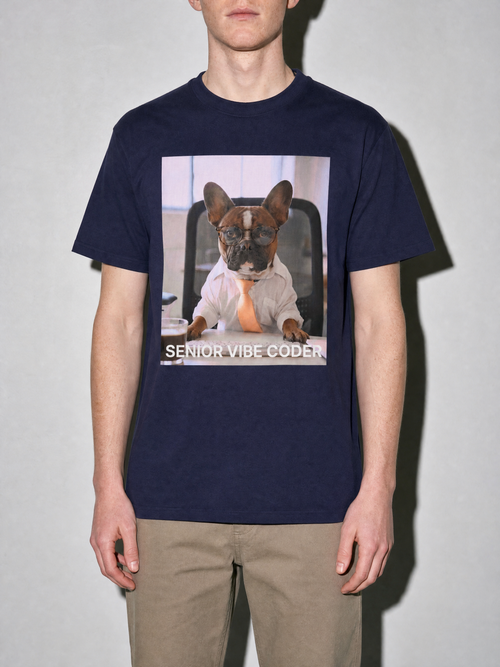 Senior Vibe Coder Graphic IT Nerd T-Shirt — true-navy bust to thigh
