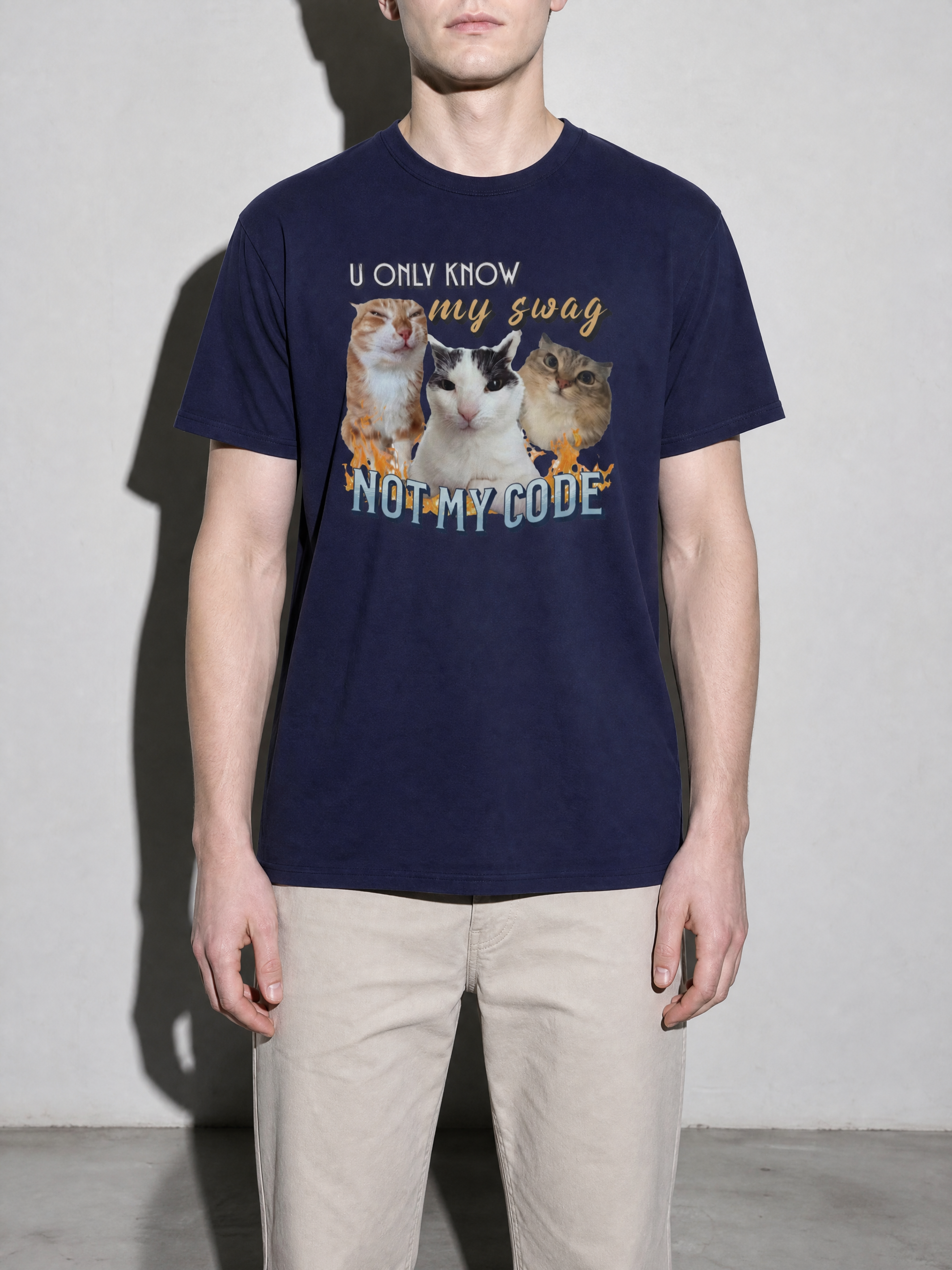 u only know my swag not my code Graphic IT Nerd T-Shirt — true-navy bust to thigh