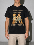 weird shit in production Graphic IT Nerd T-Shirt — black bust to thigh