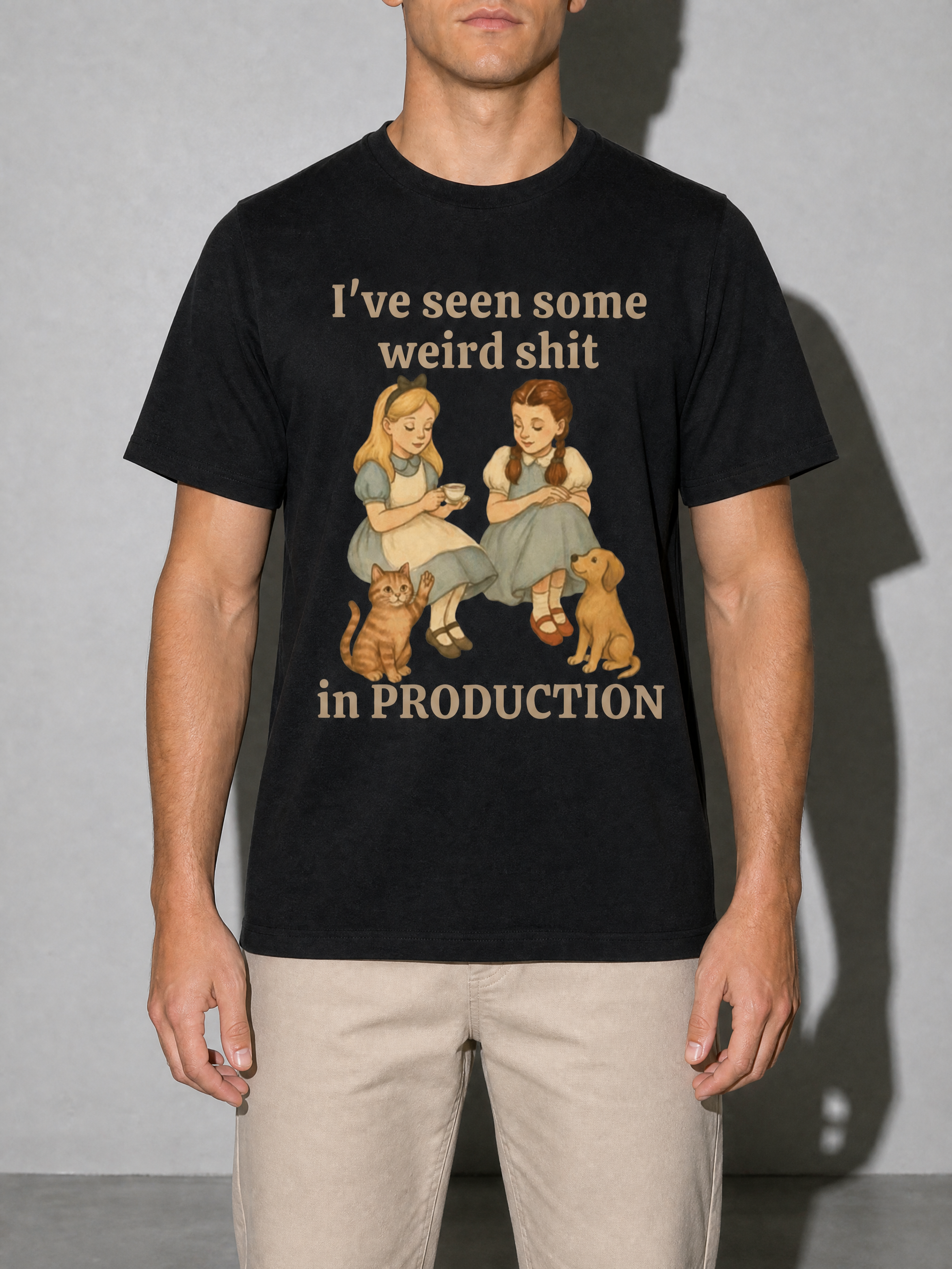 weird shit in production Graphic IT Nerd T-Shirt — black bust to thigh