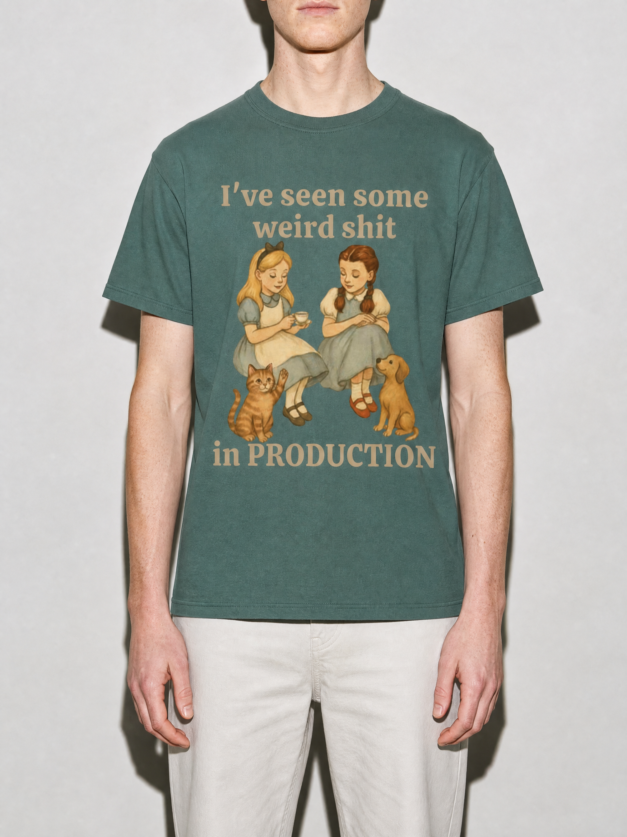 weird shit in production Graphic IT Nerd T-Shirt — blue-spruce bust to thigh