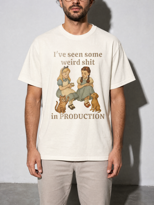 weird shit in production Graphic IT Nerd T-Shirt — ivory bust to thigh
