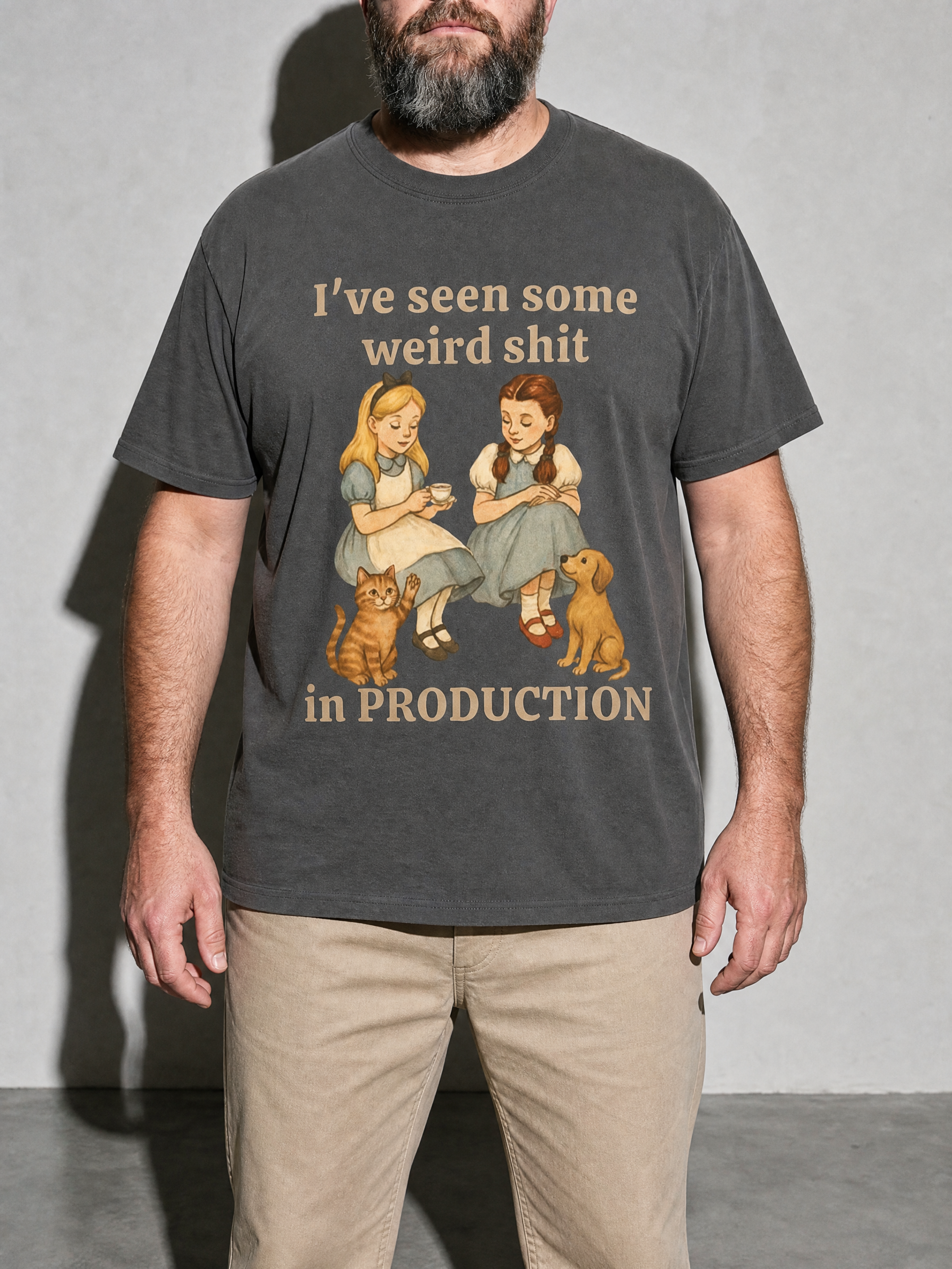 weird shit in production Graphic IT Nerd T-Shirt — pepper bust to thigh