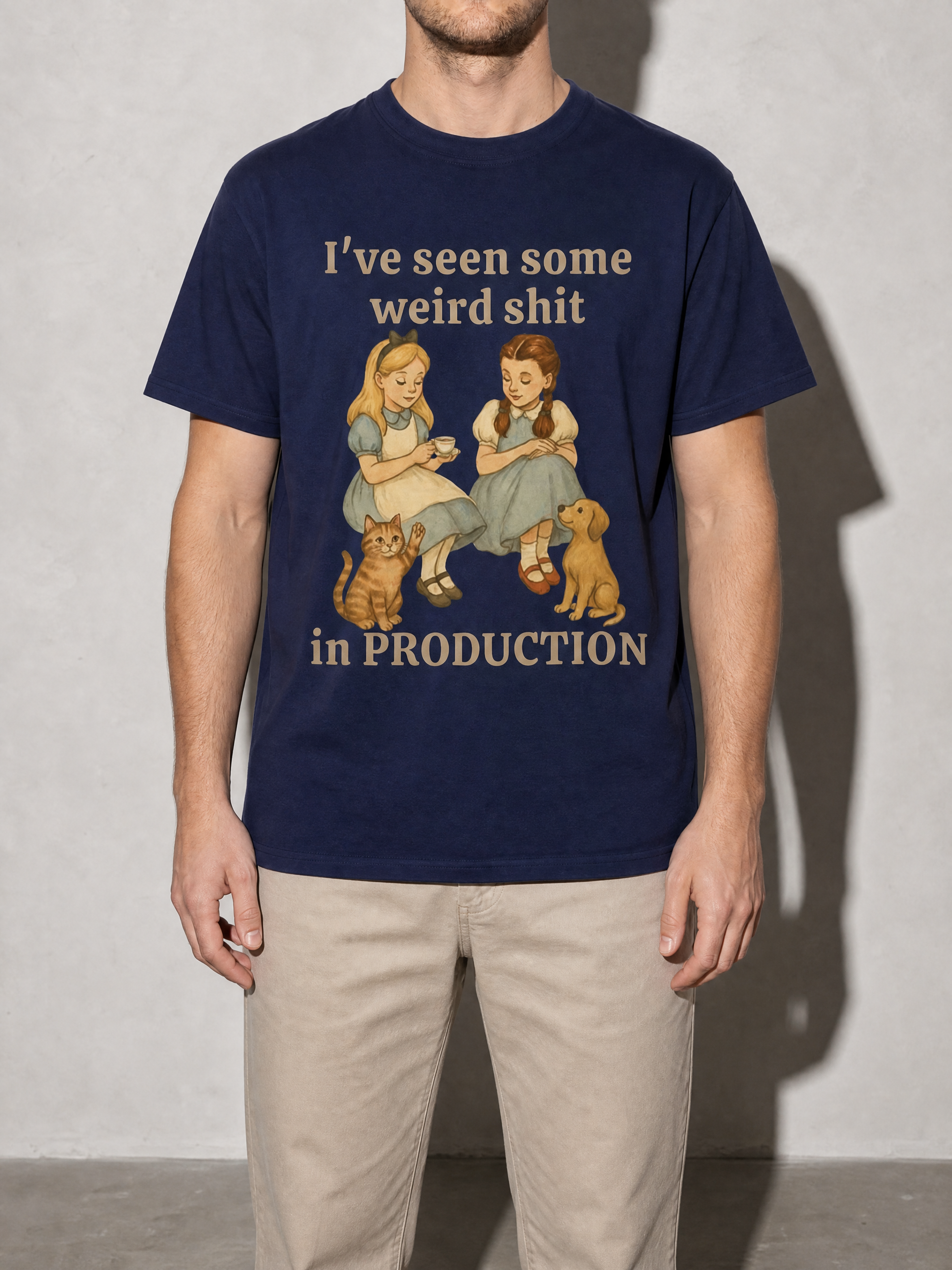 weird shit in production Graphic IT Nerd T-Shirt — true-navy bust to thigh