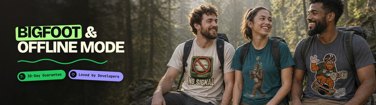 Bigfoot & Offline Mode collection: people wearing CodeCulture shirts from this collection