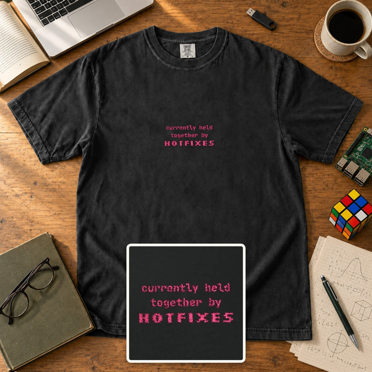 Currently Held Together By Hotfixes Embroidered Shirt in Black