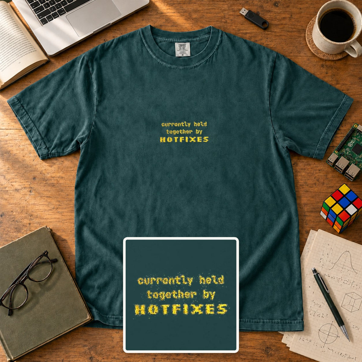 Currently Held Together By Hotfixes Embroidered Shirt in Blue Spruce