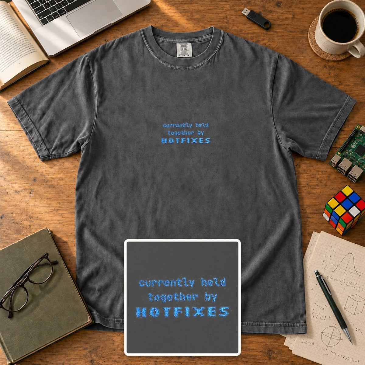 Currently Held Together By Hotfixes Embroidered Shirt in Pepper