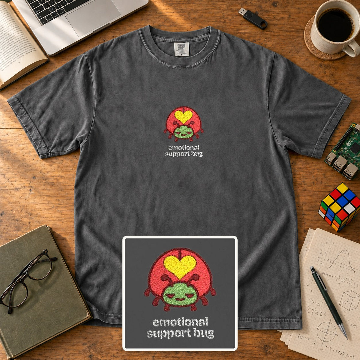 Emotional Support Bug Embroidered Shirt in Pepper
