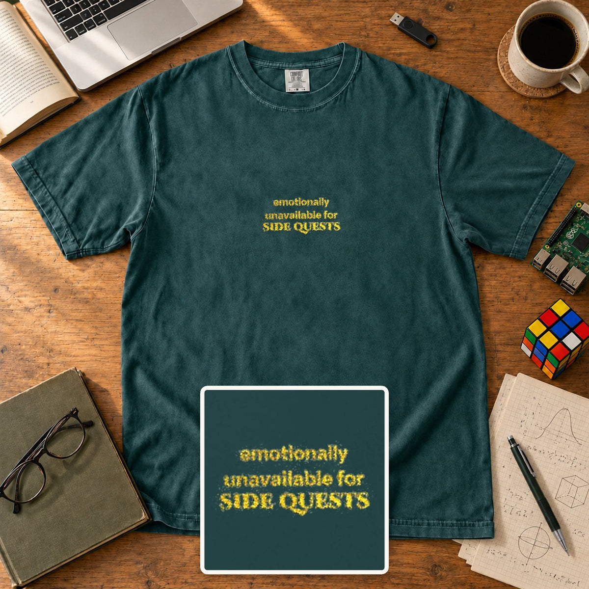 Emotionally Unavailable For Side Quests Embroidered Shirt in Blue Spruce