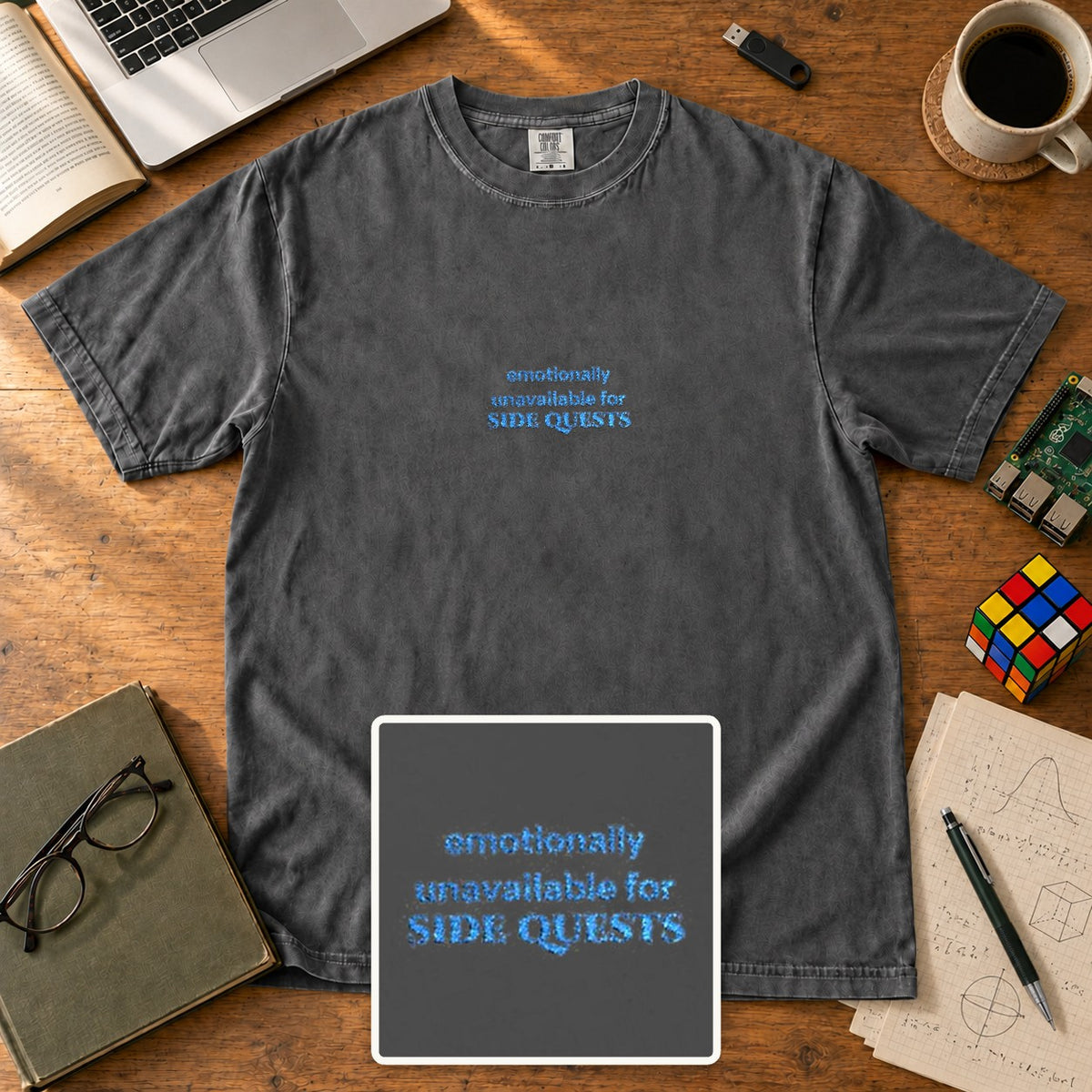 Emotionally Unavailable For Side Quests Embroidered Shirt in Pepper