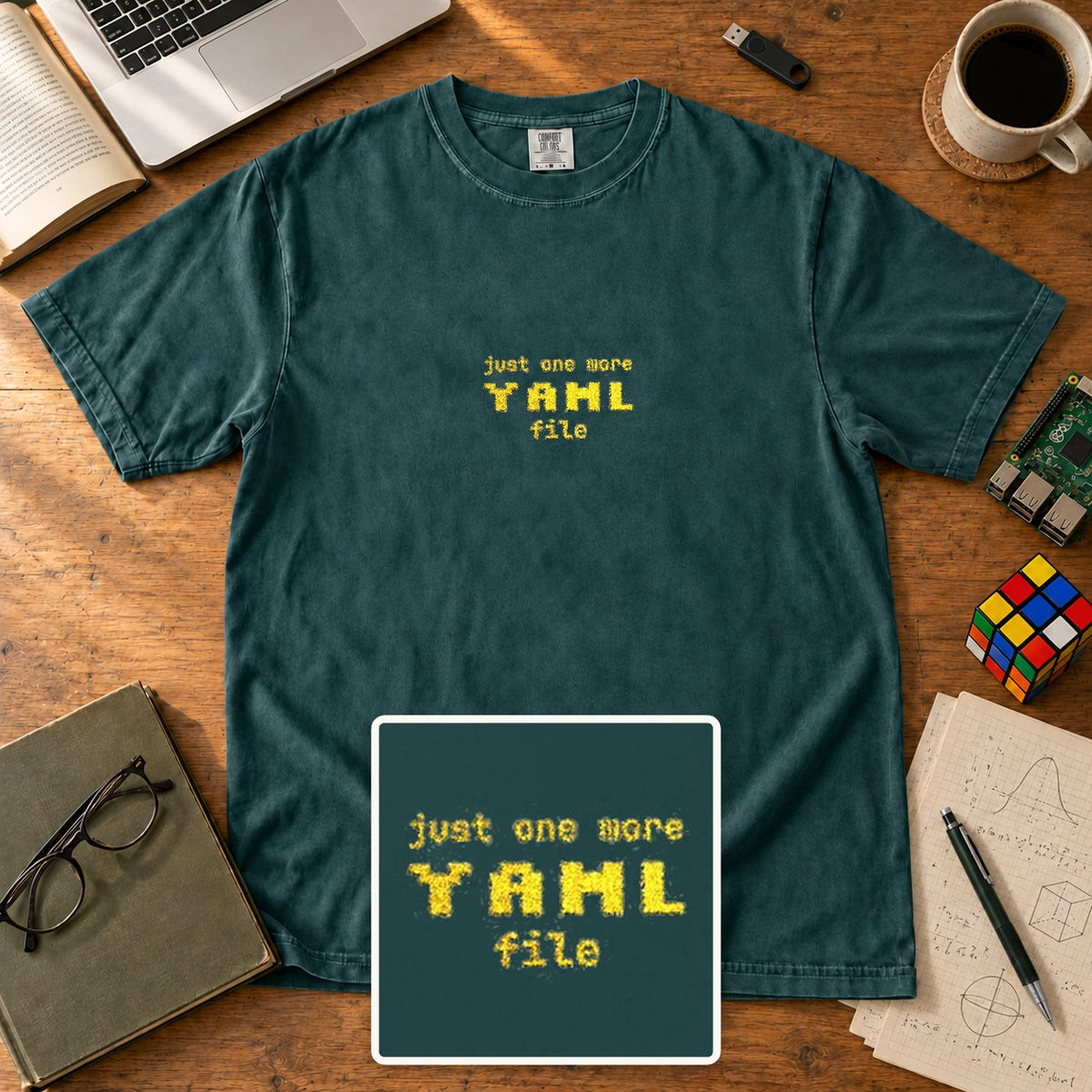 Just One More YAML File Embroidered Shirt in Blue Spruce