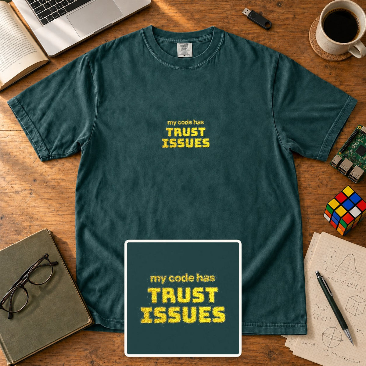 My Code Has Trust Issues Embroidered Shirt in Blue Spruce