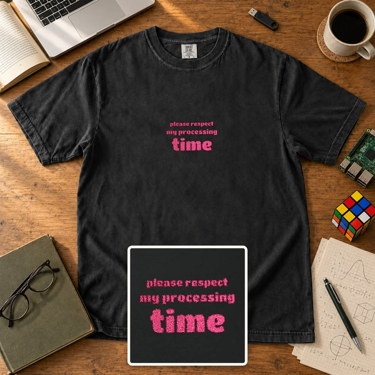 Please Respect My Processing Time Embroidered Shirt in Black