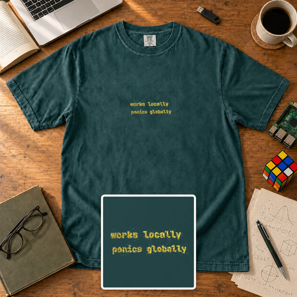 Works Locally Panics Globally Embroidered Shirt in Blue Spruce