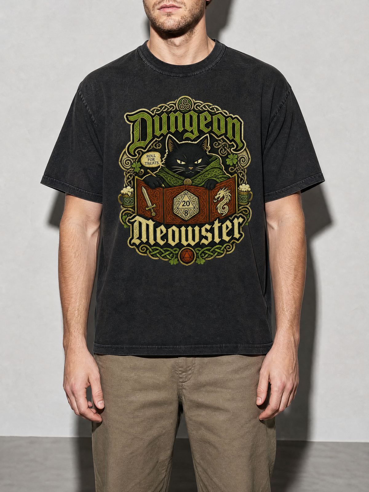 Dungeon Meowster Premium Shirt - Black - on-model zoom