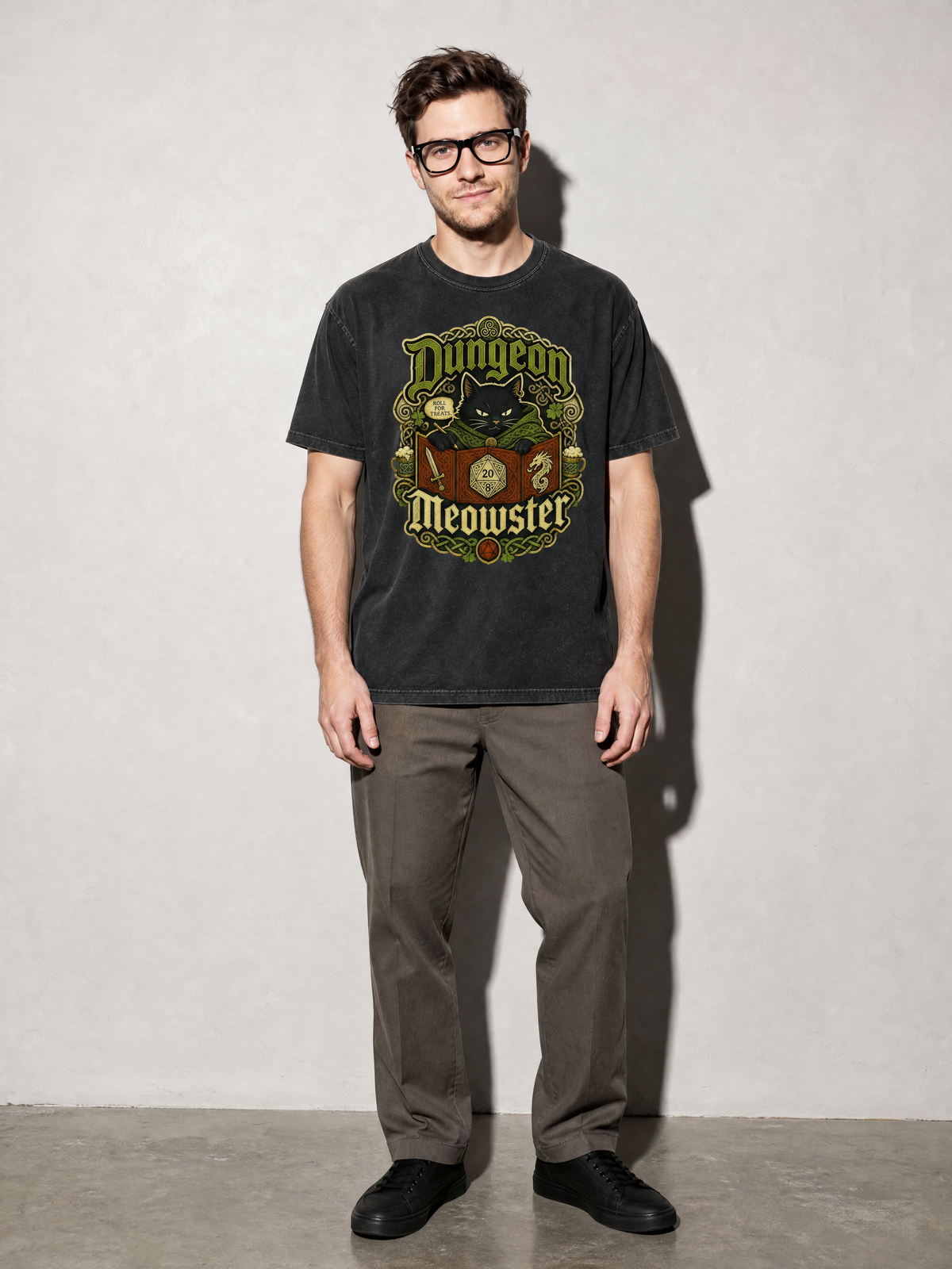 Dungeon Meowster Premium Shirt - Black - on-model full length