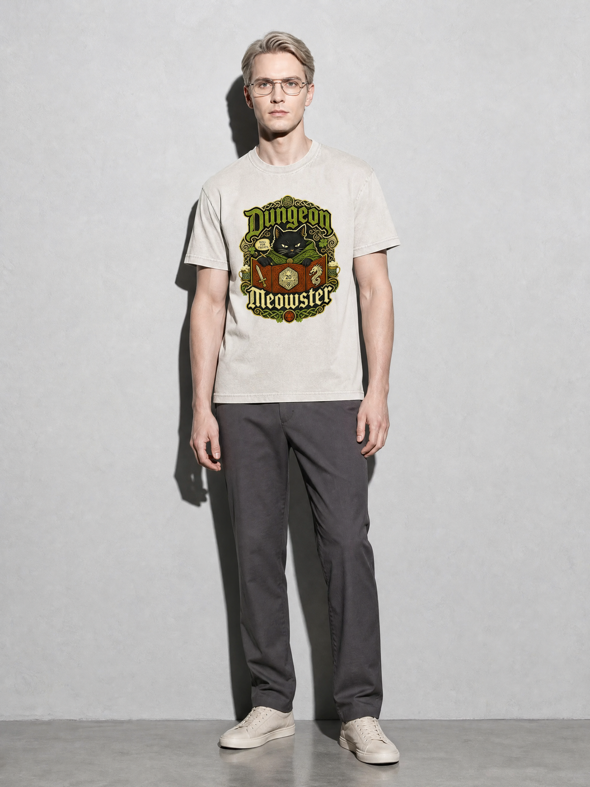 Dungeon Meowster Premium Shirt - Ivory - on-model full length