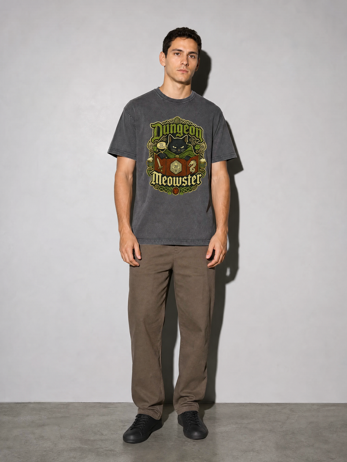 Dungeon Meowster Premium Shirt - Pepper - on-model full length
