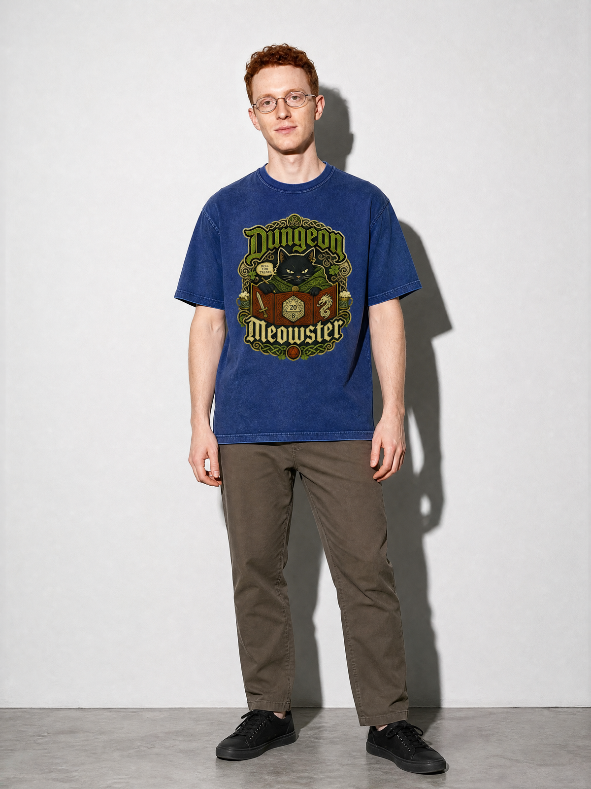 Dungeon Meowster Premium Shirt - True Navy - on-model full length