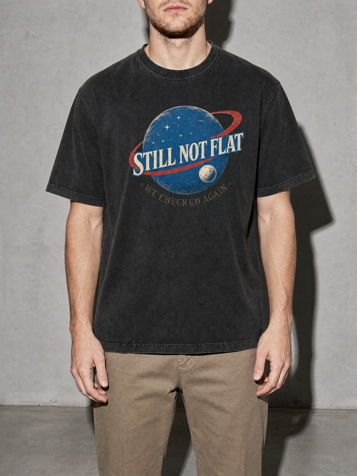 Still Not Flat: We Checked Again Premium Shirt - Black - on-model zoom