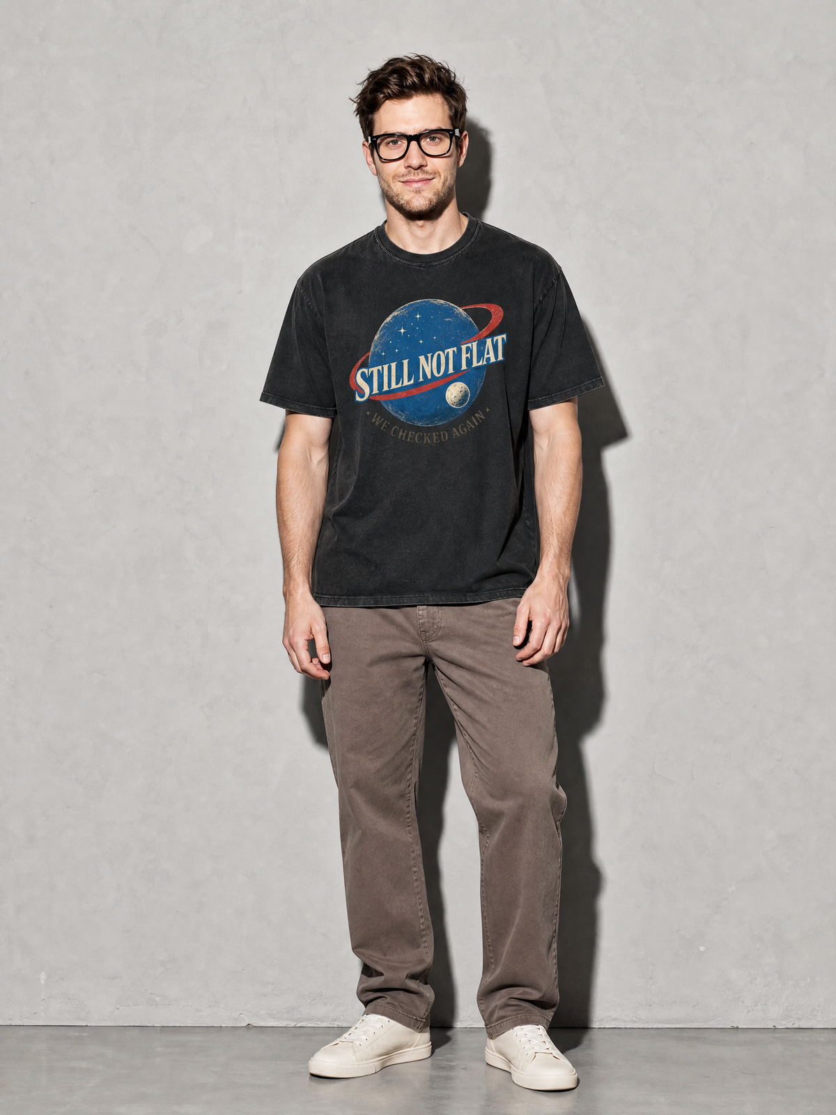 Still Not Flat: We Checked Again Premium Shirt - Black - on-model full length