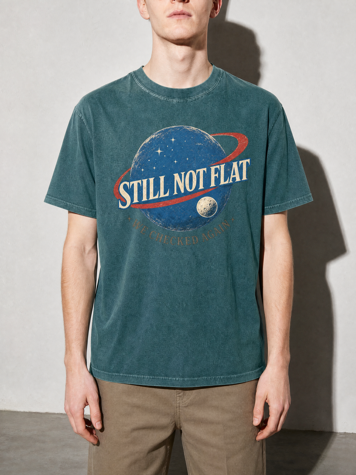 Still Not Flat: We Checked Again Premium Shirt - Blue Spruce - on-model zoom