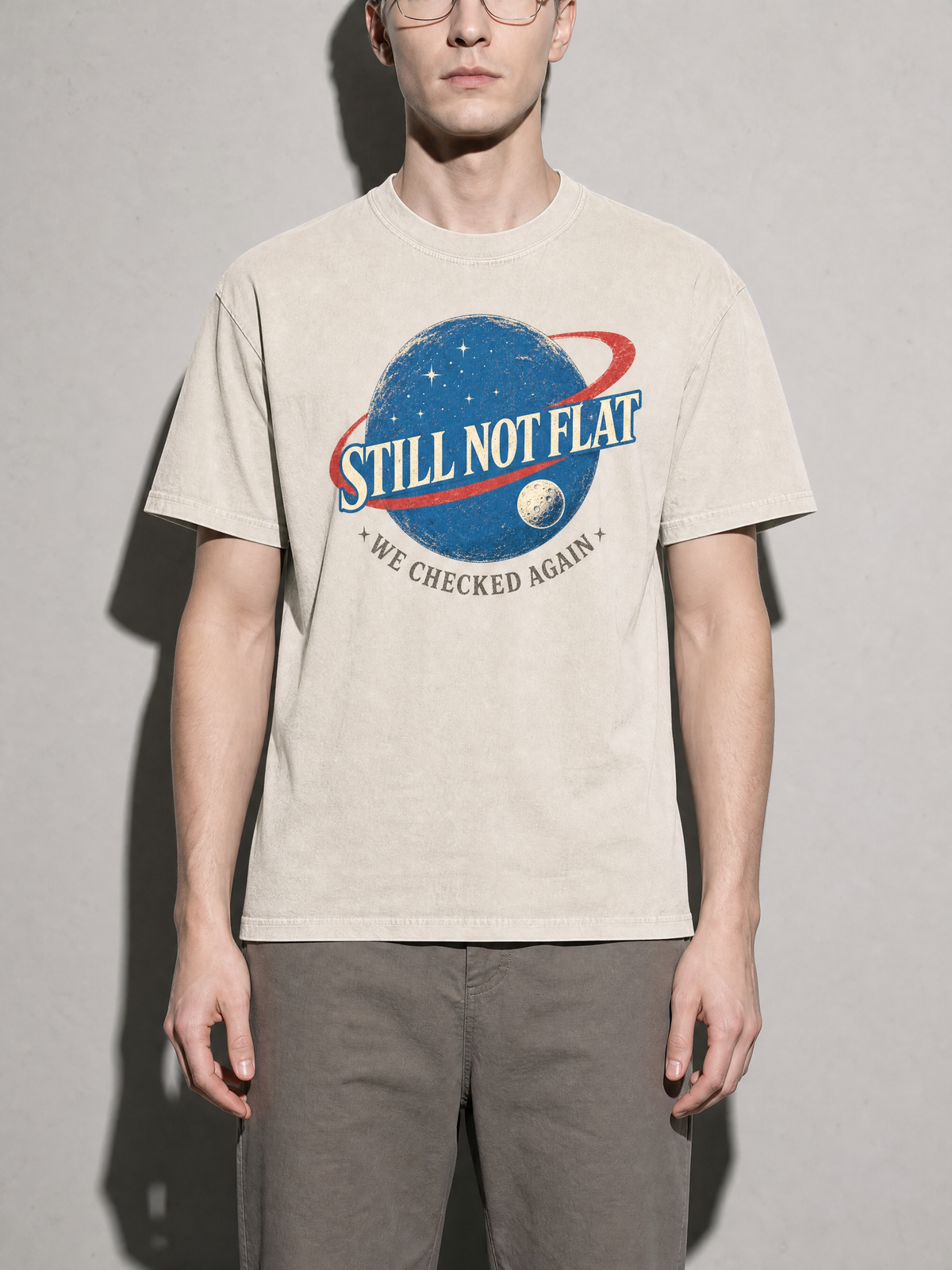 Still Not Flat: We Checked Again Premium Shirt - Ivory - on-model zoom