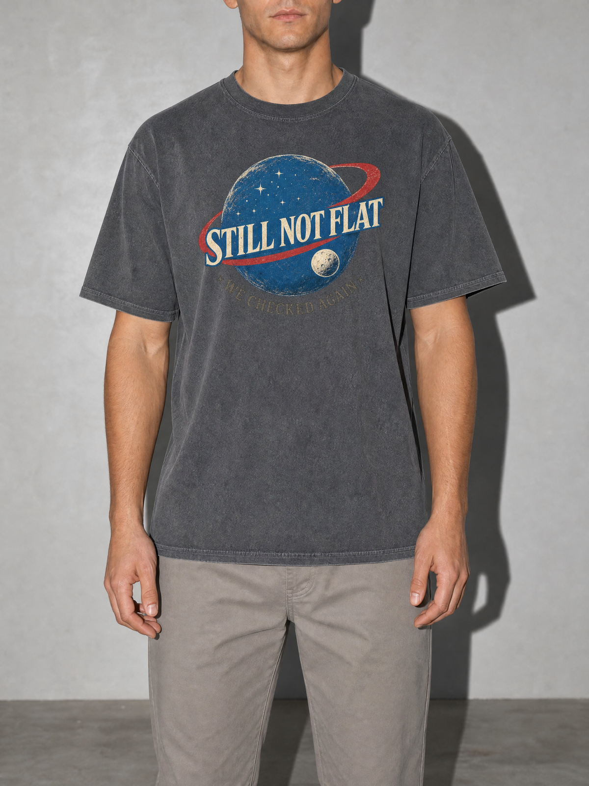 Still Not Flat: We Checked Again Premium Shirt - Pepper - on-model zoom