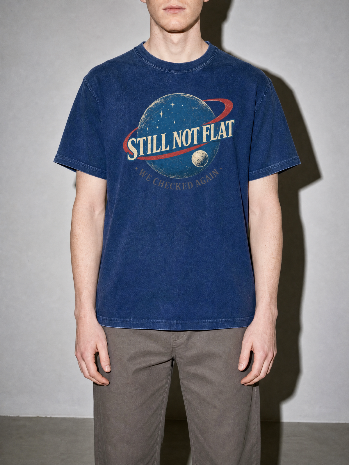 Still Not Flat: We Checked Again Premium Shirt - True Navy - on-model zoom