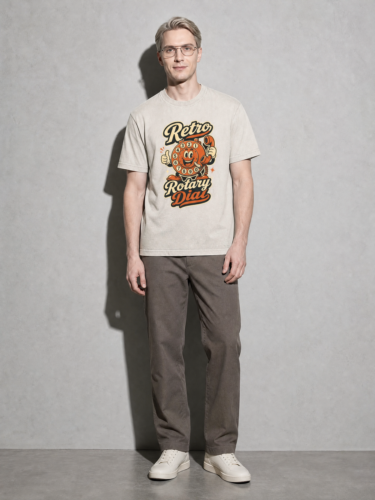 Retro Rotary Dial Premium Shirt - Ivory - on-model full length