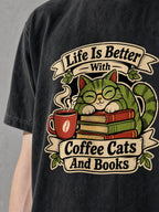 Coffee, Cats and Books Premium Shirt - Black - printed fabric detail